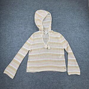 Roxy Open Knit Hoodie Sweater Womens M Striped Beach Pullover Tassel 60 Cotton